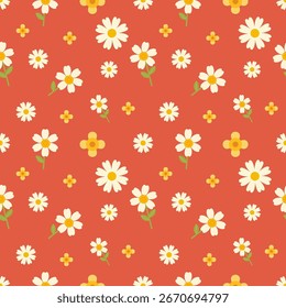 Seamless spring pattern with white daisy flower and yellow petals on red background. Floral summer concept. Vector illustration for fabric, print, textile, wrapping, fashion