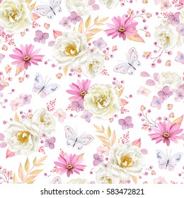 Seamless Spring Pattern With White Roses, Purple Pyrethrum, Inflorescence Hydrangea, Little Pink Flowers And Flying Butterflies. Vector Illustration On White Background In Watercolor Style.