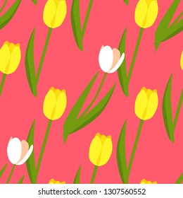 Seamless spring pattern with white and yellow tulips on pink background