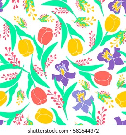 Seamless spring pattern with yellow and orange tulips. Vector background with flowers.