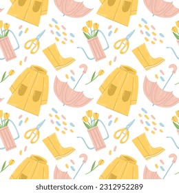 Seamless spring pattern with yellow raincoat, pink umbrella and watering can with yellow tulips on white