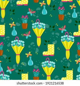 

Patrón de primavera sin inconvenientes con el paraguas amarillo y la bota, muchas flores hermosas, flores en paraguas, impresión vectorial en estilo de dibujos animados, dibujo a mano.