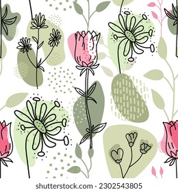 Diseño de impresión primaveral impecable con flores para textiles y vestidos. Tulipanes y flores silvestres, en estilos de doodle. Para imprimir sobre tela, papel de pared, papel, cortinas, papel de envoltura.