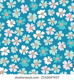 Seamless spring prints in turquoise hue with small daisies flowers