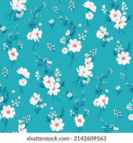Seamless spring prints in turquoise hue with small daisies flowers