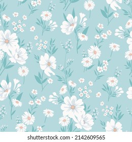 Seamless spring prints in turquoise hue with small daisies flowers