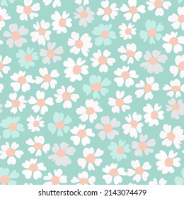 Seamless spring prints in turquoise hue with small daisies flowers