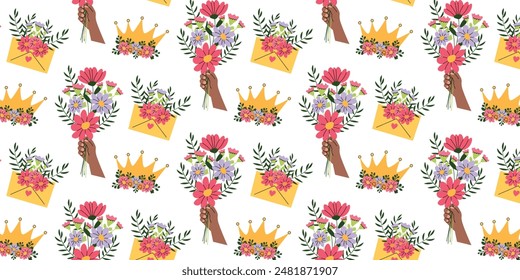 Seamless Spring Summer Female Seamless Pattern with Pastel Flowers. Background for Women's day. Seamless pattern with beautiful hand drawn wildflowers, bouquets and envelopes. 