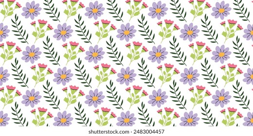 Seamless Spring Summer Female Seamless Pattern with Pastel Flowers. Spring background for Women's day. Seamless pattern with beautiful hand drawn wildflowers.