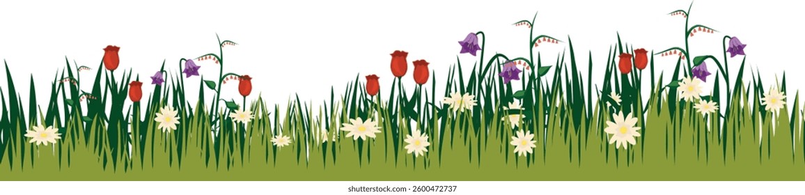 Seamless spring summer grass horizontal border with meadow plants silhouette