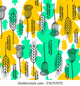 Seamless spring, summer,autumn pattern with yellow and green leaves and flowers.Scandinavian design.Vector spring background.Bright, modern texture for textile