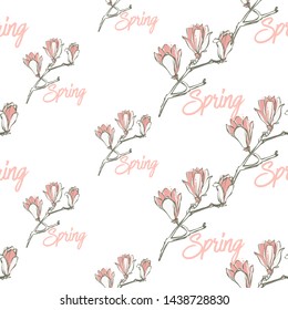 Seamless with spring text and pink magnolia flowers in vintage style on white background. Hand drawing watercolor pattern. Vector line art illustration.