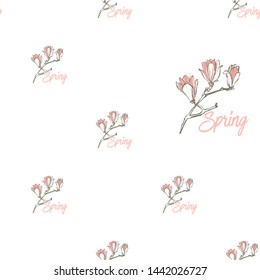Seamless with spring text and pink magnolia flowers in vintage style on white background. Hand drawing watercolor pattern. Vector line art illustration.