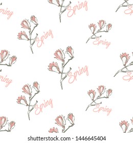 Seamless with spring text and pink magnolia flowers in vintage style on white background. Hand drawing watercolor pattern. Vector line art illustration.