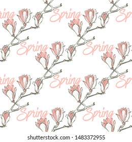 Seamless with spring text and pink magnolia flowers in vintage style on white background. Hand drawing watercolor pattern. Vector line art illustration.