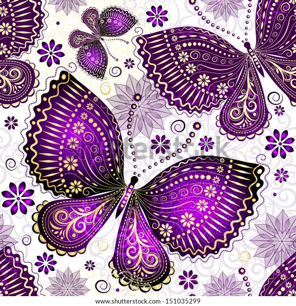 Seamless spring transparent pattern with violet-gold butterflies and flowers (vector EPS 10)
