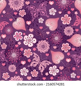 Patrón de San Valentín sin manantial con mariposas coloridas de encaje, flores y corazones. Vector eps 10