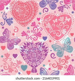 Seamless spring valentine pattern with lace pastel colorful  butterflies and hearts. Vector eps 10