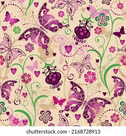 Seamless spring valentine pattern with lace colorful  butterflies, flowers and hearts. Vector eps 10