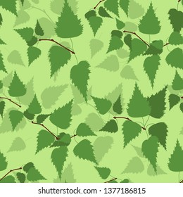 Seamless spring vector illustration with birch branches on a green background. For decoration of textiles, packaging, wallpaper.