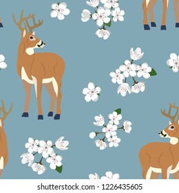 Seamless spring vector illustration with deer and sakura blooming on blue background. For decoration of textiles, packaging, web design.
