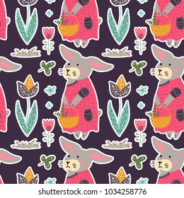 Seamless spring vector pattern with Easter bunny, tulips, Easter basket and eggs,