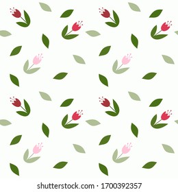 Seamless spring vector pattern with the image of stylized flowers of tulips and individual leaves on a white background in a flat style. This is great for scrapbooking or notebook covers.
