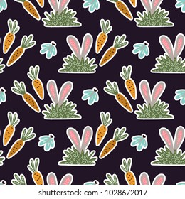 Seamless spring vector pattern with rabbits, carrots and butterflies. Happy Easter illustration.
