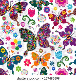 Seamless spring white floral pattern with colorful butterflies and flowers (vector)