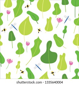 seamless spring/summer leaf, flower and bug pattern for invitations, cards, textiles, packaging, wallpaper