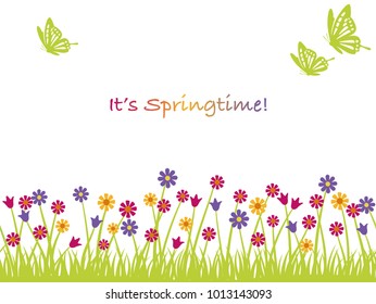 Seamless springtime vector background illustration with flowers, butterflies, and text space.