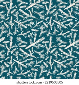 Patrón de bifurcación de abeto sin foco. Vector de ramas de abeto sin foco con copos de nieve en blanco sobre fondo azul.  Patrón navideño para imprimir en tela o papel envolvente.