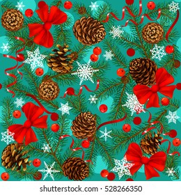 Seamless. Spruce. Fir. Fir Cone. New Year decoration. Rowan Berries. Decorated pine branches. Hand drawn. vector illustration. Design element for winter. winter holiday. red bow and ribbon