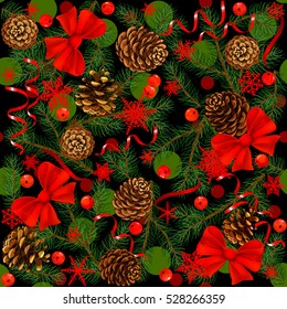 Seamless. Spruce. Fir. Fir Cone. New Year decoration. Rowan Berries. Decorated pine branches. Hand drawn. vector illustration. Design element for winter. winter holiday. red bow and ribbon