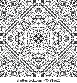 Seamless Square Abstract Tribal Black-White Pattern In Mono Line Style. Hand Drawn Ethnic Texture. Can be used as anti stress therapy for coloring or coloring-book.