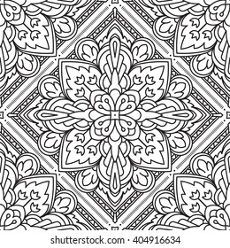 Seamless Square Abstract Tribal Black-White Pattern In Mono Line Style. Hand Drawn Ethnic Texture. Can be used as anti stress therapy for coloring or coloring-book.