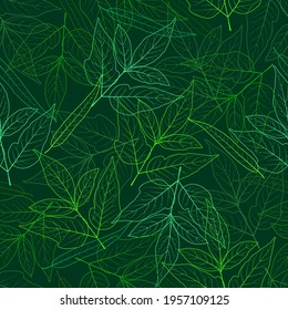 Seamless square background in green colors. Pattern with neon willow and ash maple leaves for backgrounds, fabrics, covers, napkins, banners, flyers, wallpapers and wrapping paper.