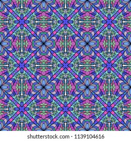 Seamless square bright pattern from geometrical abstract ornaments multicolored in blue, green and violet shades. Vector illustration. Suitable for fabric, wallpaper and wrapping paper