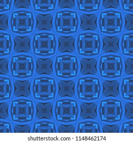 Seamless square bright pattern from geometrical abstract ornaments multicolored in blue shades on a dark background. Vector illustration. Suitable for fabric, wallpaper or wrapping paper
