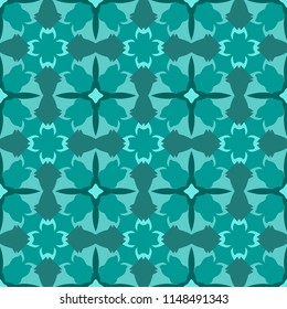 Seamless square bright pattern from geometrical abstract ornaments multicolored in turquoise shades on a light background. Vector illustration. Suitable for fabric, wallpaper or wrapping paper