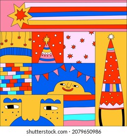 seamless square collage  christmas pattern.Vintage winter patchwork poster. geometric psychedelic ornament - stars, new year, fireworks, celebration, santa. 80s groovy funky placard