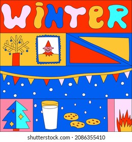 póster de navidad cuadrada sin costura.Viejo retazo de invierno adorno sicológico geométrico - estrellas, año nuevo, fuegos artificiales, celebración, santa. Cartel de estribillo de arte pop de los años 80
