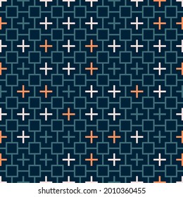 Seamless square cross tile random vibrant teal and orange pattern vector background