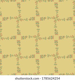 Seamless square floral pattern. Branches with red berries and green leaves. Folk style.