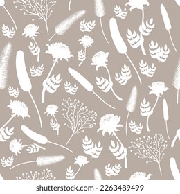 Seamless square floral pattern on beige background. Decorative pattern with various white flowers and plants. Botanical flat minimalistic illustration.Background for printing, fabric.