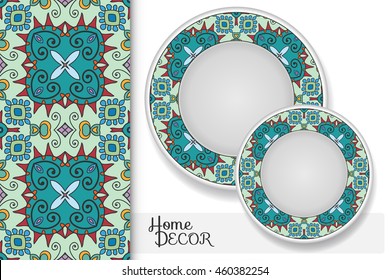 Seamless square geometric floral pattern and set of two matching decorative plates for interior design. Vector decoration with isolated design elements. Tribal ethnic ornament, home decor background