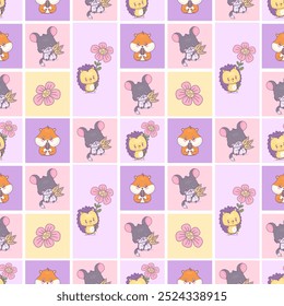 Seamless square geometric pattern with cute hamster chinchilla, and hedgehog. Funny cartoon rodent character with seed, spikelets and flower on bright checkered background. Vector illustration.