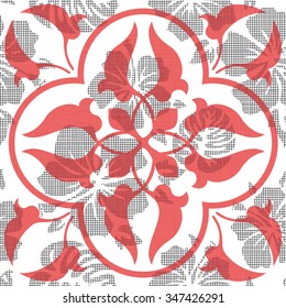 Seamless Square Ornament Leaf and Flowers Pattern Background Tile