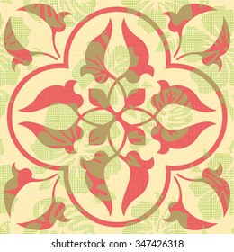 Seamless Square Ornament Leaf and Flowers Pattern Background Tile