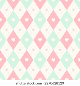 Seamless square overlap. Argyle and classic abstract geometric vector seamless pattern. Old fashioned knitted pattern made of diamonds or lozenges with hearts. Pastel color.